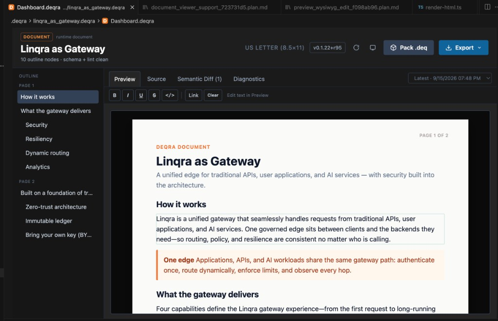 Document preview — letter pages, outline, and live text edit